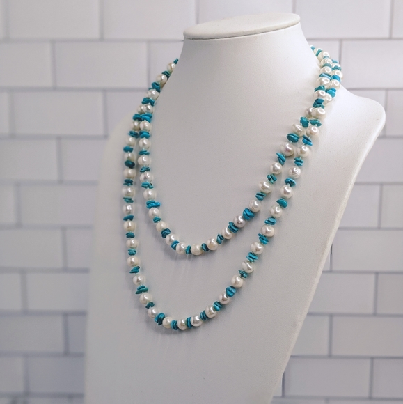 925 pearl & turquoise chip long strand necklace - Picture 5 of 5